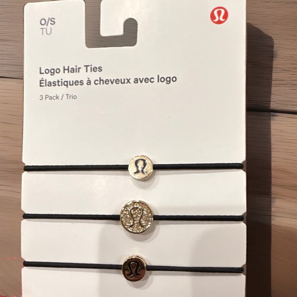 Lululemon Logo Hair Ties 3-Pack Trio Black Elastic Metal Women's Hair Tie